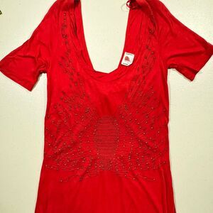 Free People Red Beaded Dress Size L Soft Stretchy Viscose #boho #hippie